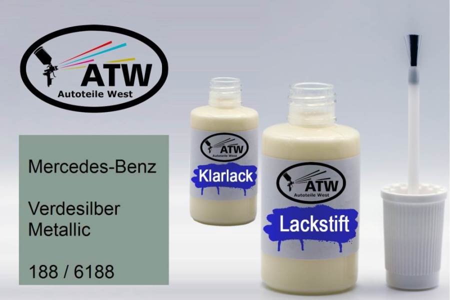 Mercedes-Benz, Verdesilber Metallic, 188 / 6188: 20ml Lackstift + 20ml Klarlack - Set, von ATW Autoteile West.